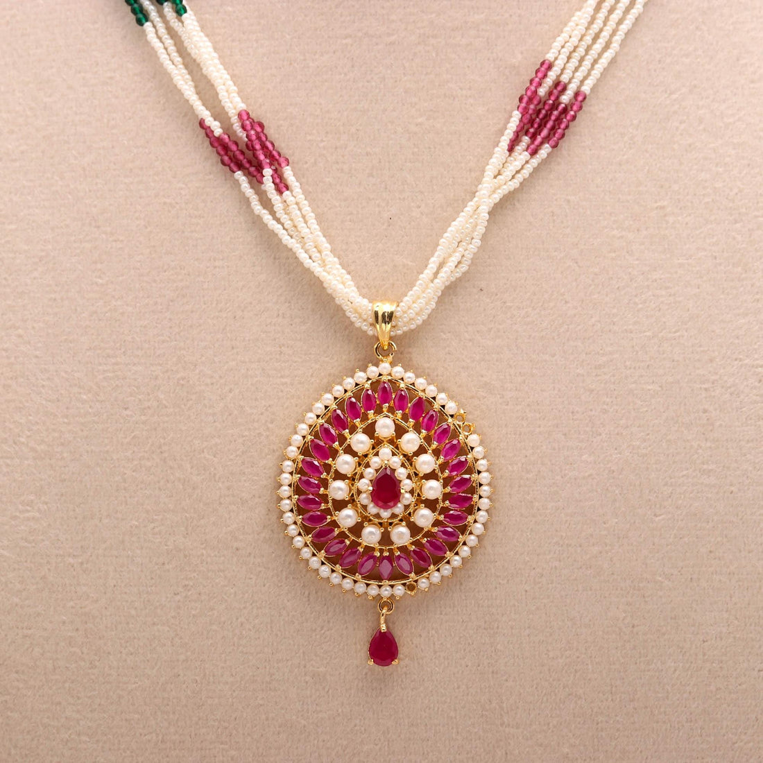 Ruby & Pearl Multigemstone Long Necklace Set | Kundan Pendant Necklace | Beaded Indian Traditional Bridal Jewelry | Gift — 6