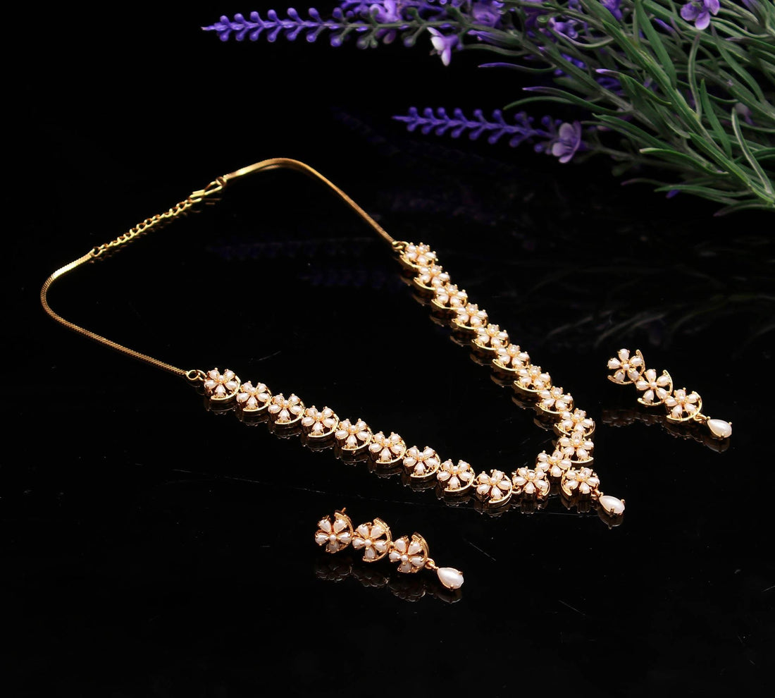 Gold Plated Pearl Gemstone Necklace Set | South Indian Bridal Jewelry | Traditional Elegant Women Necklace | Indian Bridal Set — 2
