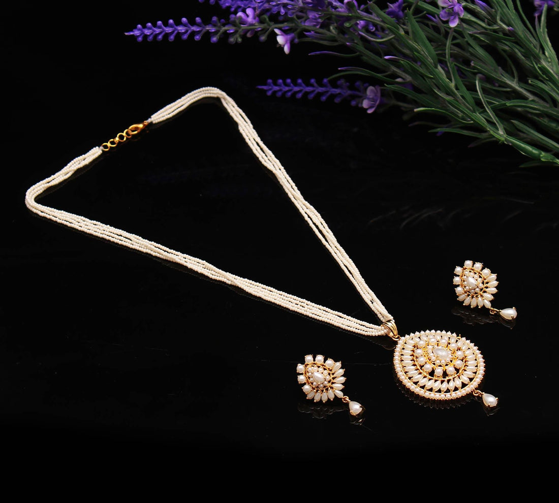 Pearl Long Necklace Set | Kundan Pearl Pendant Jewelry | Multi-Strand Beaded Necklace | Indian Ethnic Bridal Set | Traditional Gift For Her — 2