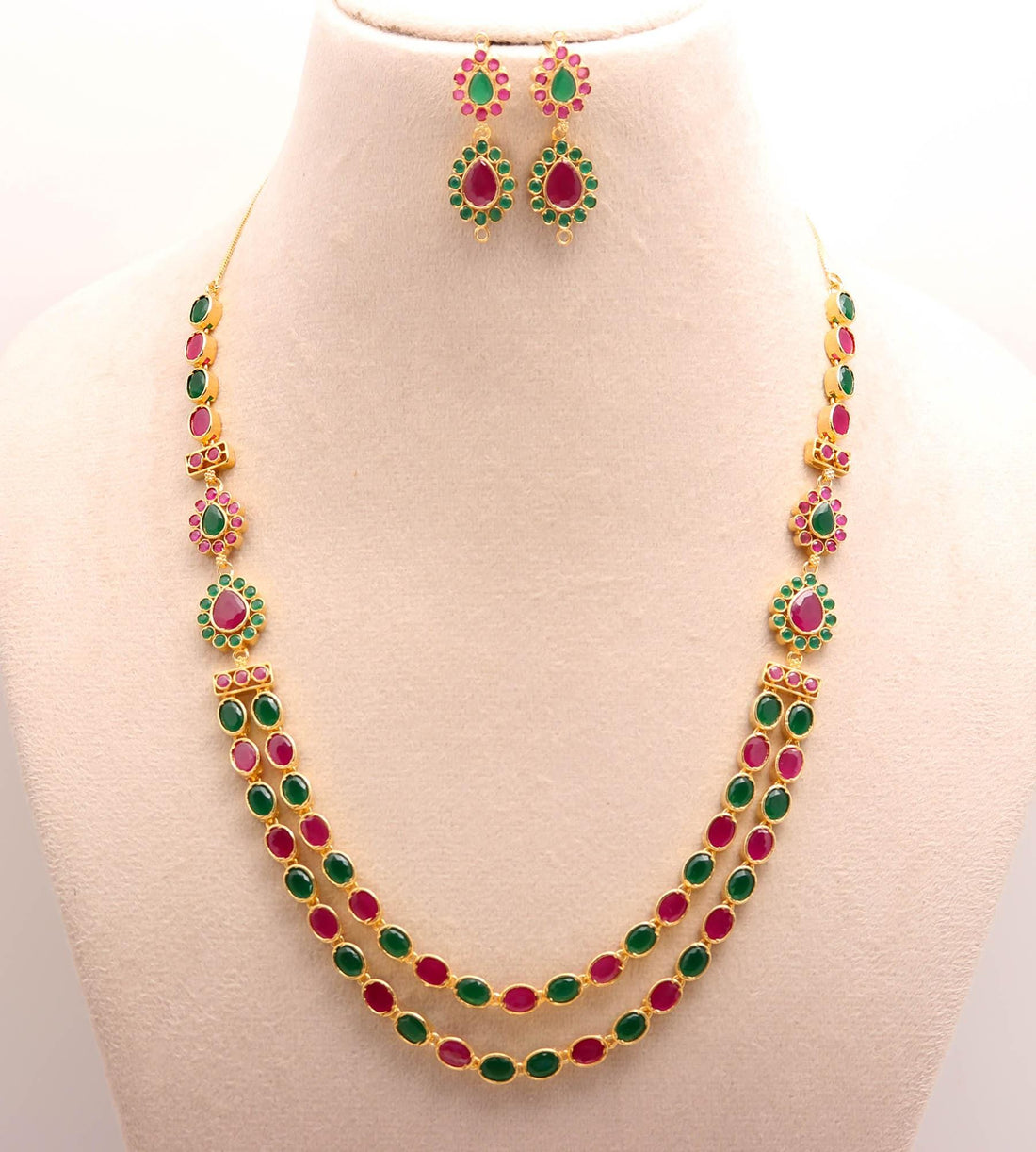 22K Gold Plated Multi Gemstone Necklace Set | Green & Pink Stone Long Necklace with Earrings • South Indian Temple Jewelry | Wedding Jewelry — 6