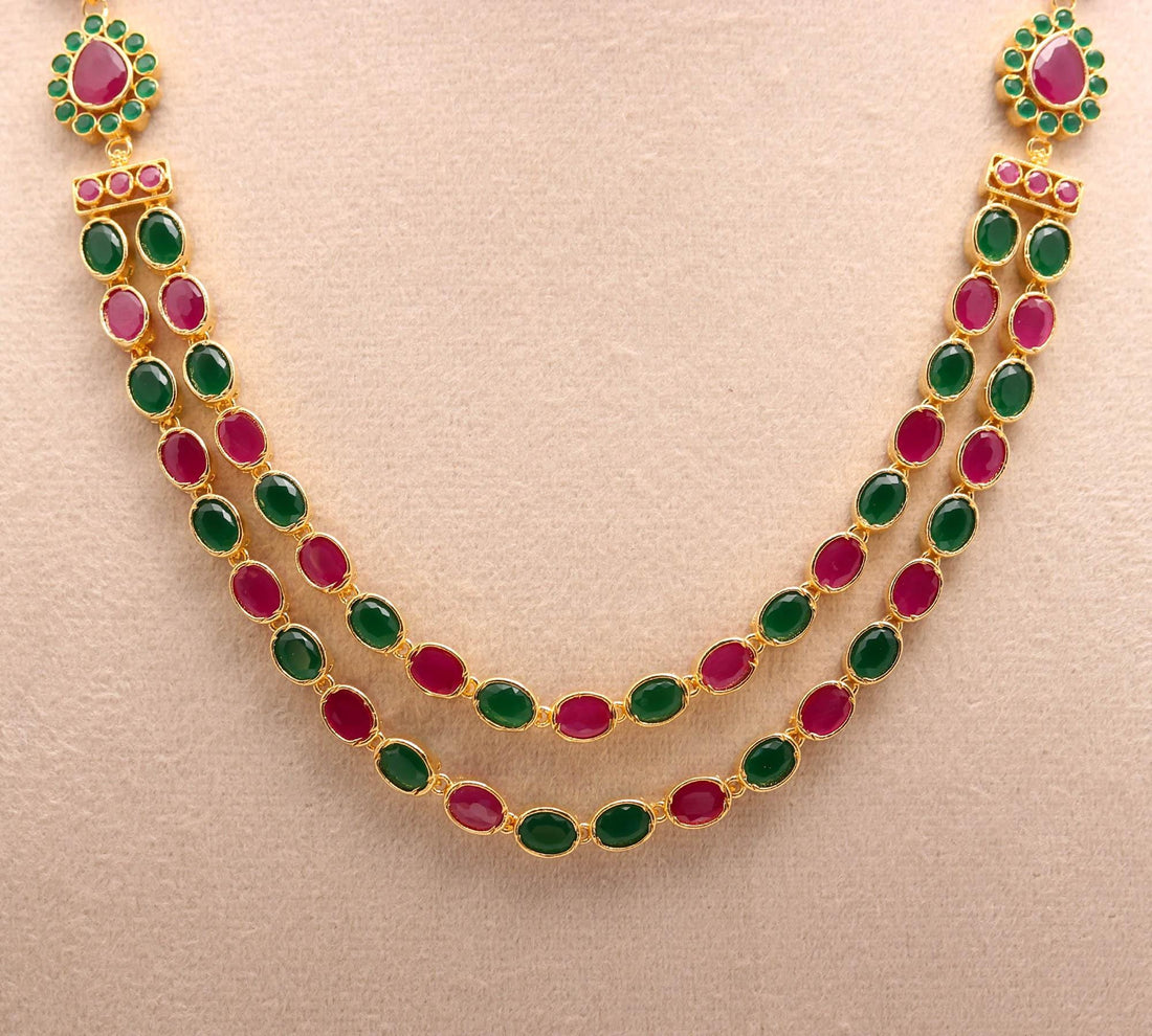 22K Gold Plated Multi Gemstone Necklace Set | Green & Pink Stone Long Necklace with Earrings • South Indian Temple Jewelry | Wedding Jewelry — 5
