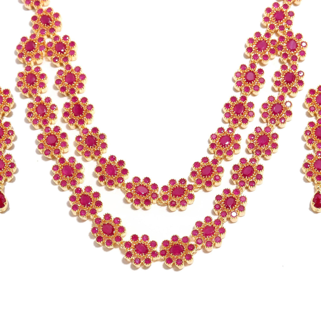 Ruby Floral Necklace Triple Layer Red Stone Necklace with Earrings | 22K Gold Plated Indian Bridal Jewelry | Temple Jewelry — 4