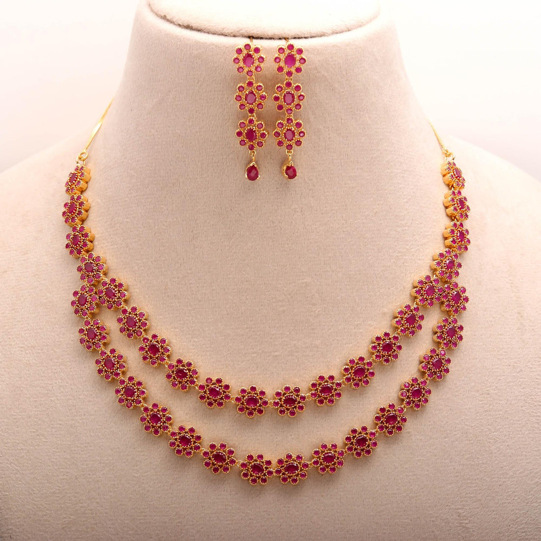 Ruby Floral Necklace Triple Layer Red Stone Necklace with Earrings | 22K Gold Plated Indian Bridal Jewelry | Temple Jewelry — 5