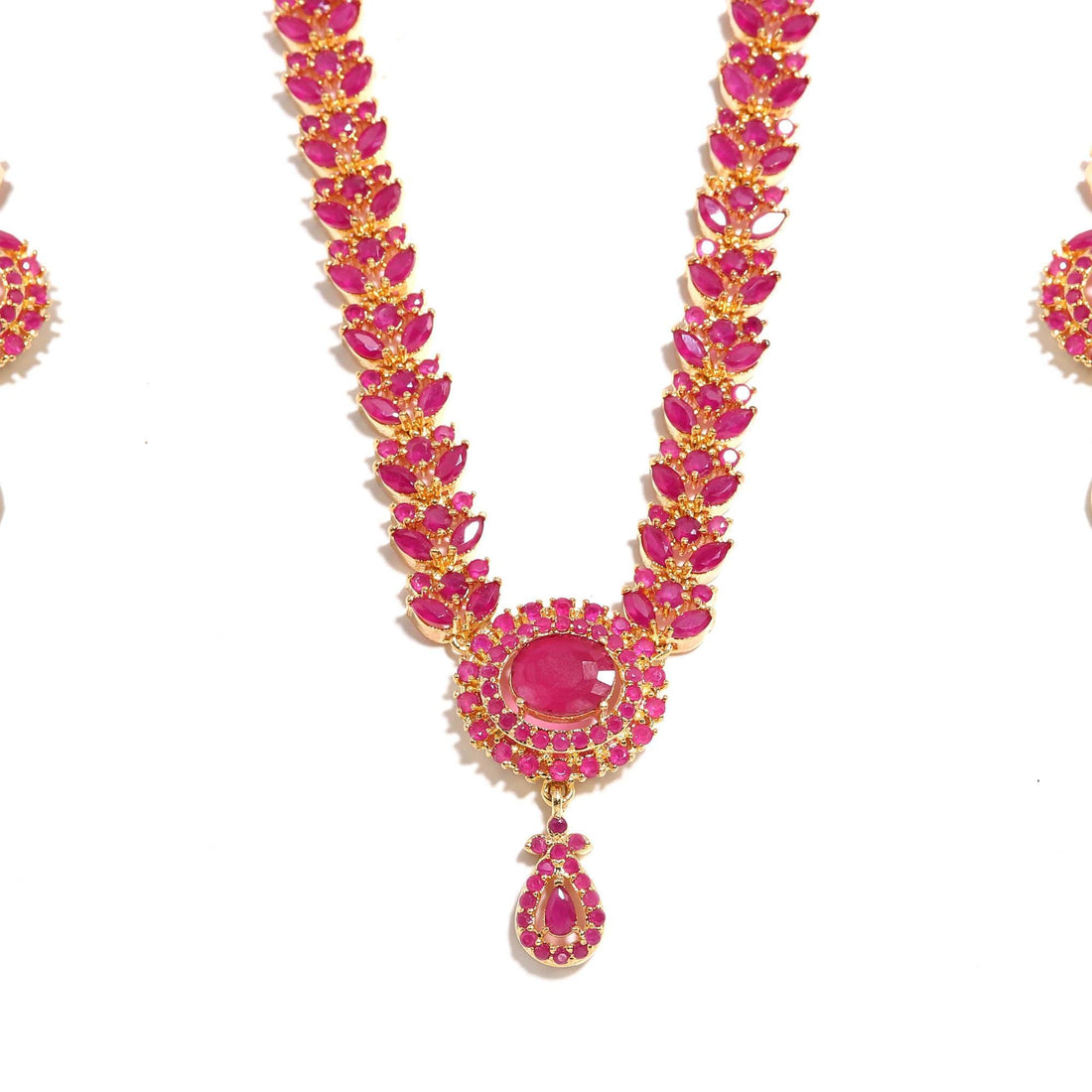 Ruby Long Necklace Set | South Indian Long Haaram | 22K Gold Plated Necklace with Earrings | Bridal Temple Jewelry | Gift For Her — 4