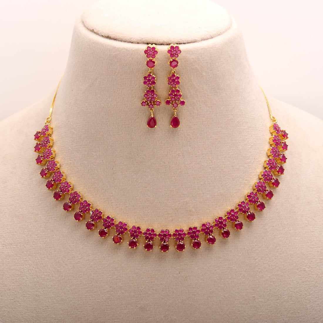 Ruby Floral Red Stone Necklace & Earrings | Gold Plated Indian Jewelry | Bridal Wedding Set | Ethnic Jewelry | Gift For Her — 5