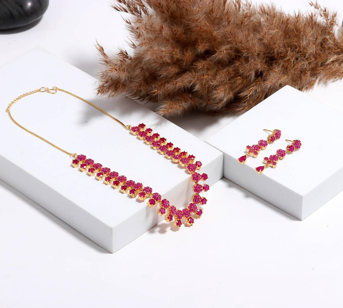 Ruby Floral Red Stone Necklace & Earrings | Gold Plated Indian Jewelry | Bridal Wedding Set | Ethnic Jewelry | Gift For Her