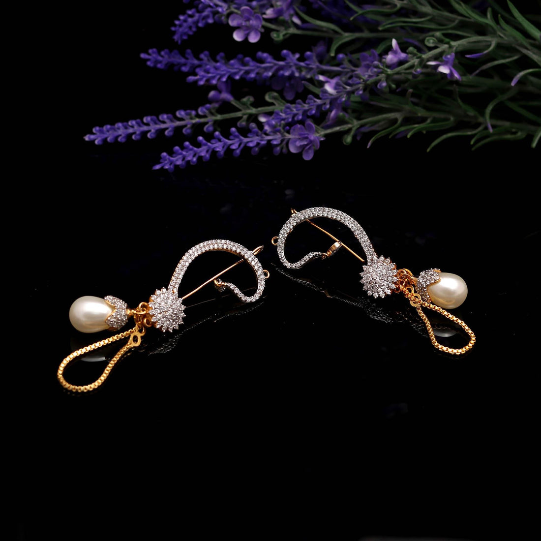 Crystal Curve Pearl Drop Earrings | Elegant Gold-Plated Statement Earrings | Gift For Her | Swirl Studs — 2