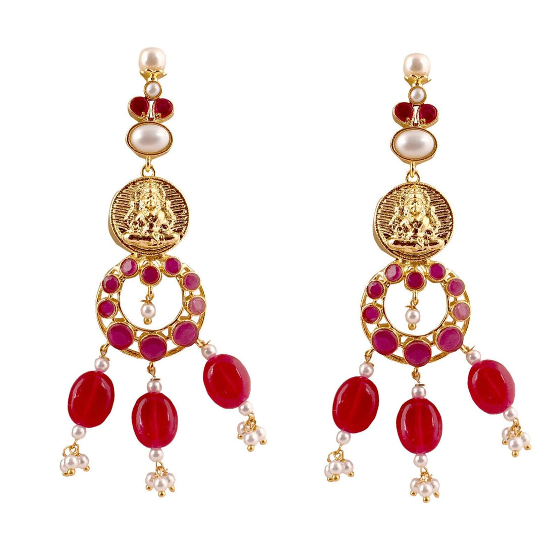 Gold Temple Necklace Ruby Set with Pearls | Lakshmi Coin Necklace | Handmade Indian Bridal Jewelry with Earrings — 2