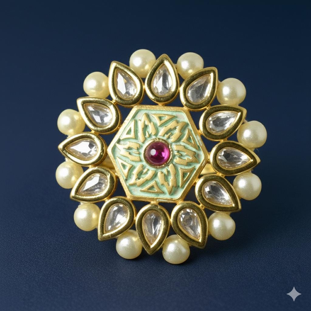 Red Ruby Polki CZ Diamond Bridal Ring | Yellow Gold Plated Wedding Statement Cocktail Jewelry | Engagement Ring | Party Wear | Gift For Her