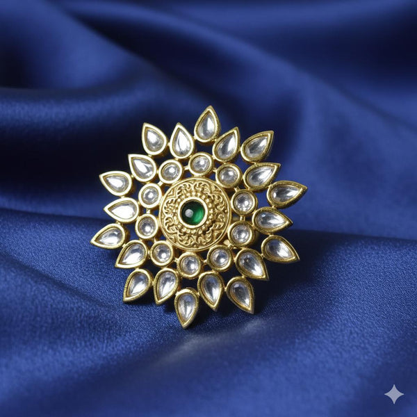 Emerald & Polki CZ Diamond Ring: 22k Gold Plated Adjustable Statement Ring | Gift For Her