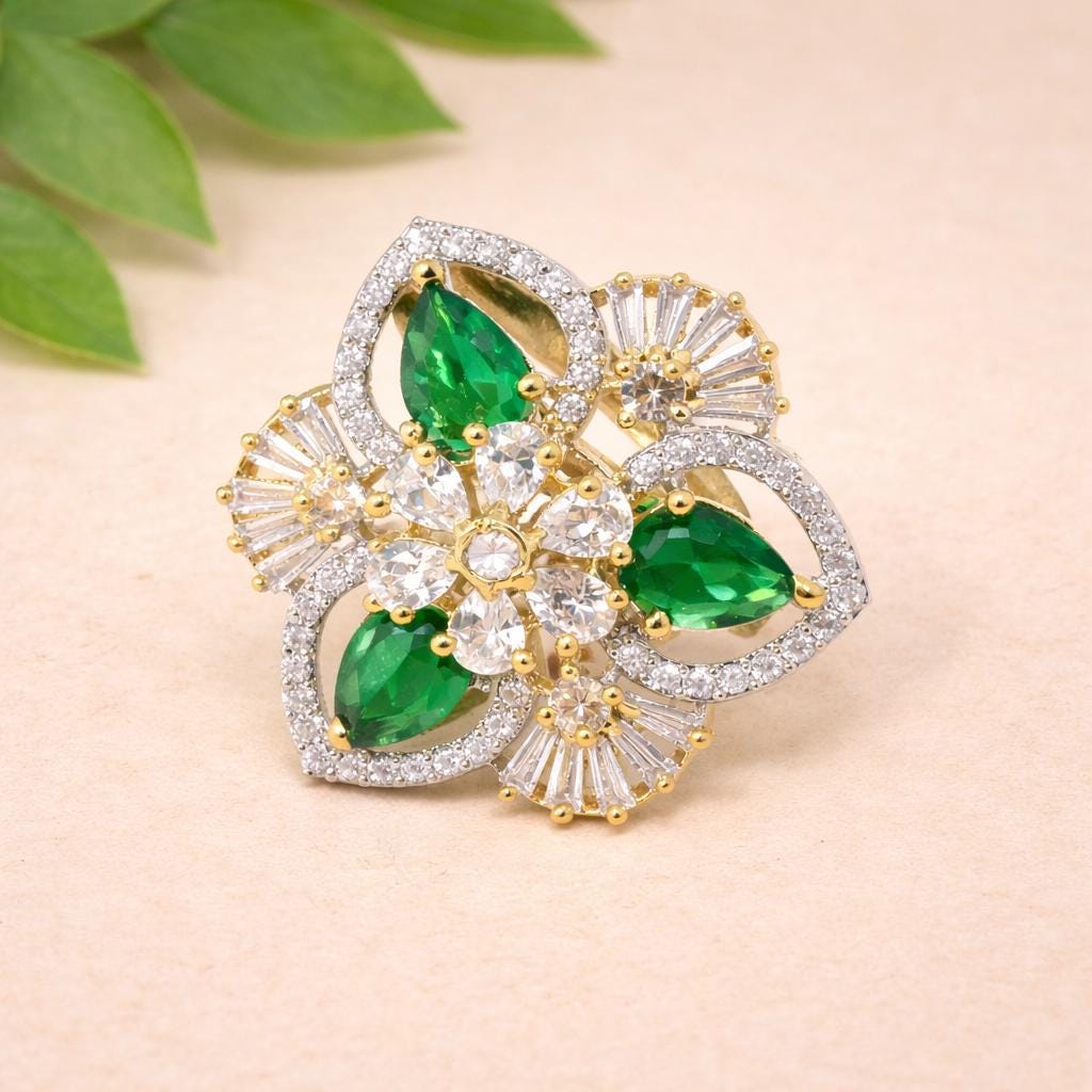 Adjustable Green Quartz & CZ Diamond Bridal Ring | 22K Gold Plated Wedding Statement Cocktail Jewelry | Engagement Ring | Gift For Her