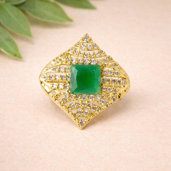 Emerald Cut Cubic Zirconia Diamond Ring | 22K Gold Plated Adjustable Bridal Cocktail Ring | Festive Wedding Jewelry | Gift For Women