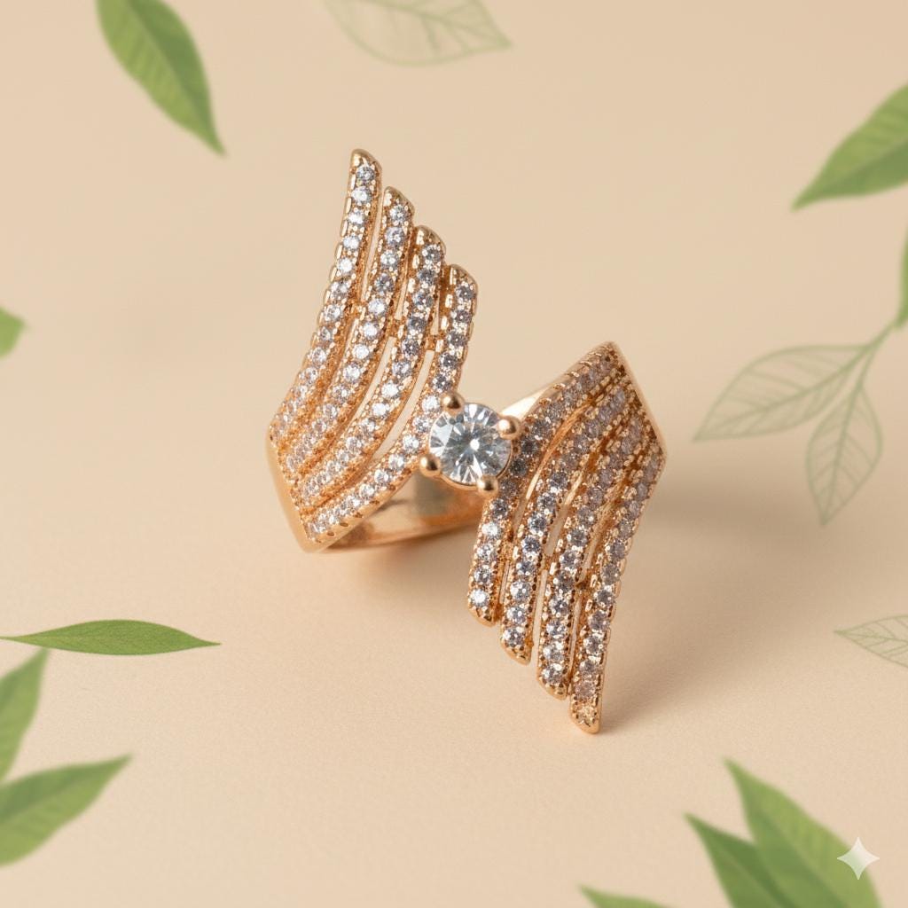 Gold Plated Leaf Design Adjustable Cocktail Ring | CZ Bridal Statement Jewelry | Festive Indian Ring | Gift For Her