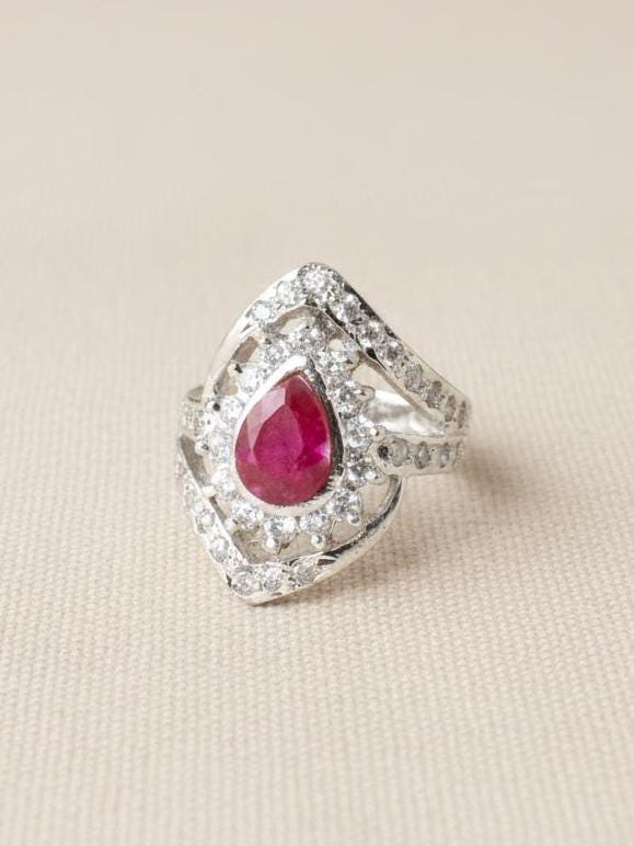 Pear Cut Ruby & Cubic Zirconia Diamond Ring | White Plated Bridal Cocktail Ring | Elegant Wedding Festive Jewelry | Gift For Her
