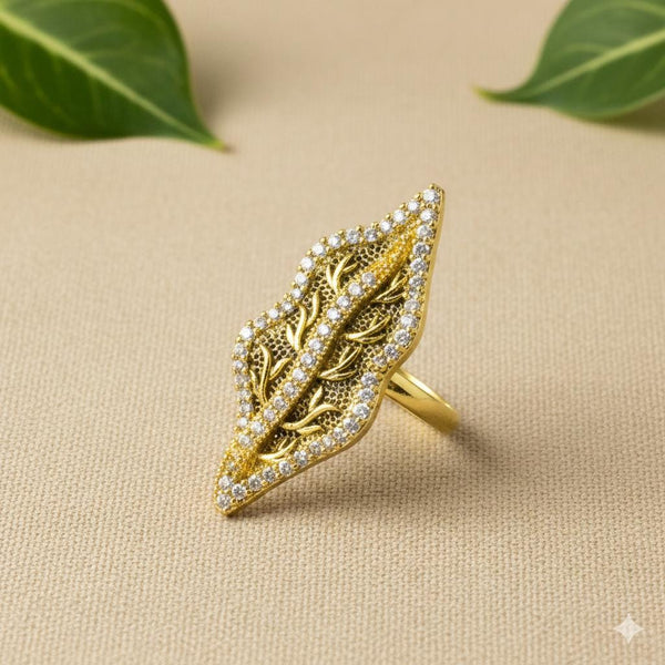 Gold Plated Leaf Ring | Adjustable CZ Cocktail Ring | Handmade Indian Statement Jewelry | Bridal Ring  | Elegant Ring | Gift for Her