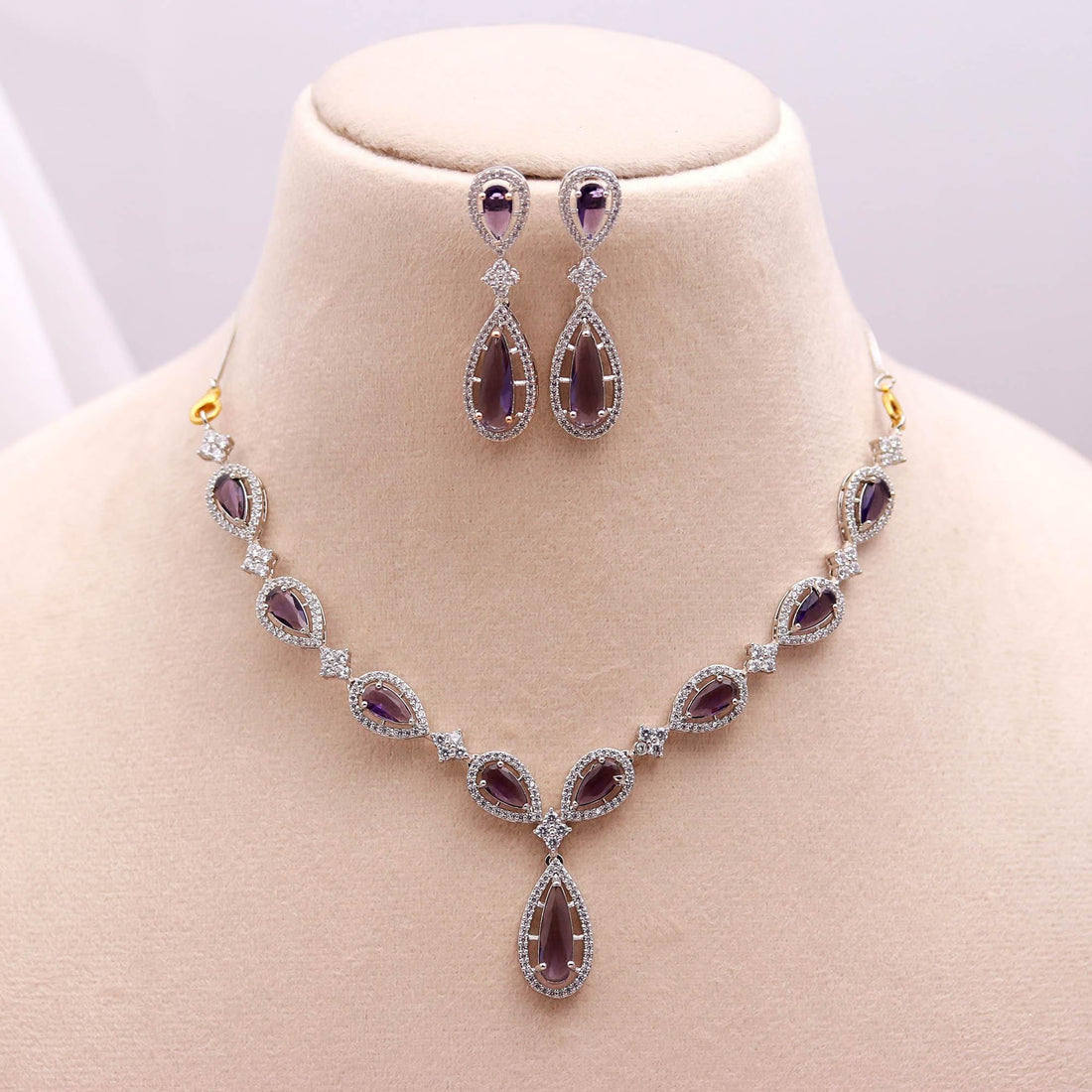 African Amethyst Necklace & Earrings Set | 18K White Gold Plated | Purple Teardrop Bridal Jewelry | February Birthstone | Gift for Her — 2