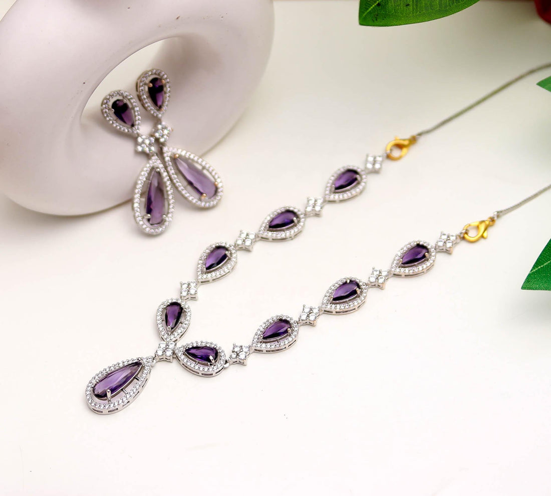 African Amethyst Necklace & Earrings Set | 18K White Gold Plated | Purple Teardrop Bridal Jewelry | February Birthstone | Gift for Her
