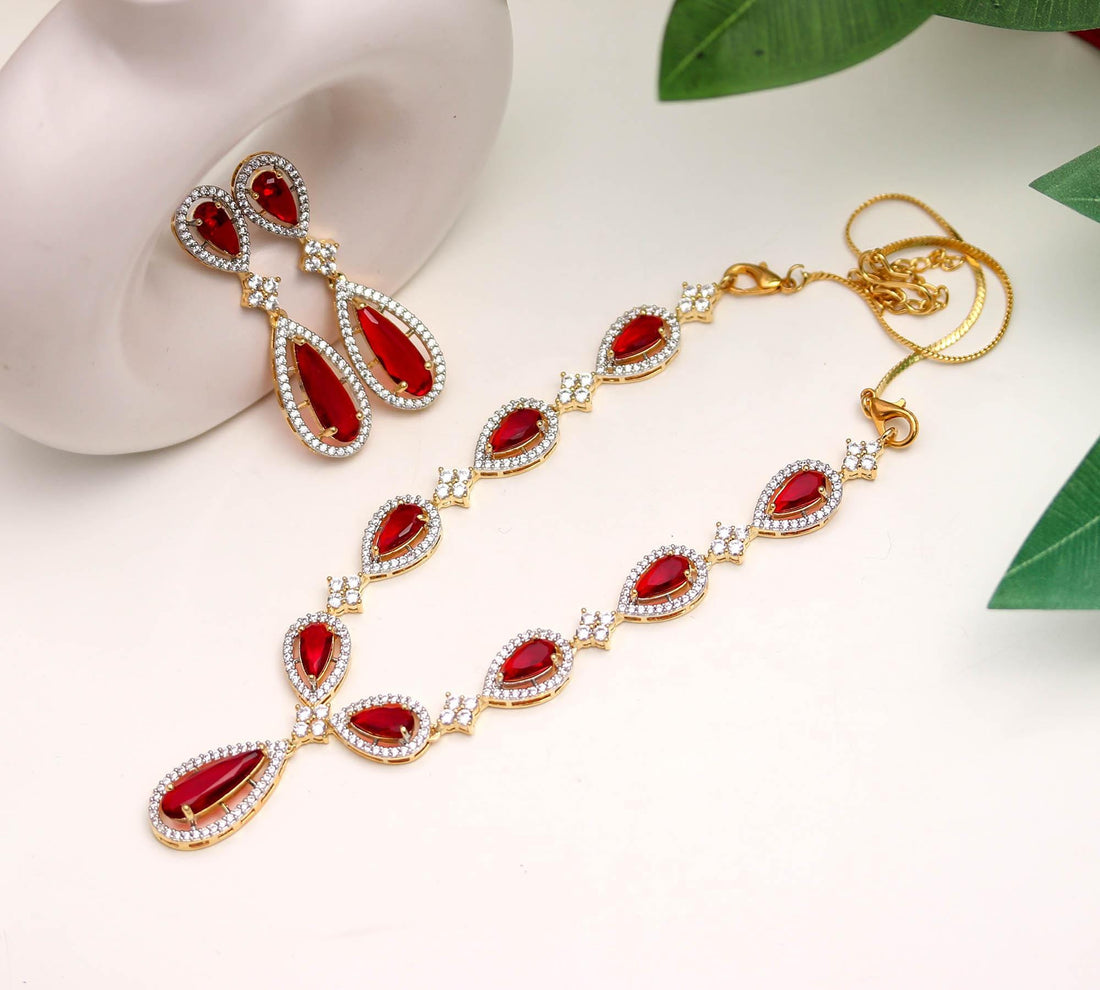 Ruby Necklace & Earrings Set | Brass 22K Gold Plated | Red Teardrop Bridal Jewelry | Wedding Party Wear | Gift for Her — 3