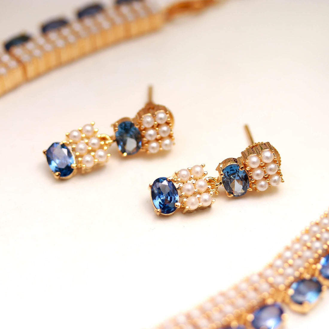 22K Gold Plated Tanzanite & Pearl Necklace Set | Elegant Blue Gemstone Jewelry | Bridal Necklace - Earrings | Gift for Her — 5