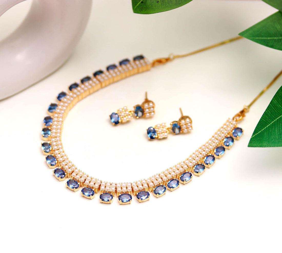 22K Gold Plated Tanzanite & Pearl Necklace Set | Elegant Blue Gemstone Jewelry | Bridal Necklace - Earrings | Gift for Her — 4