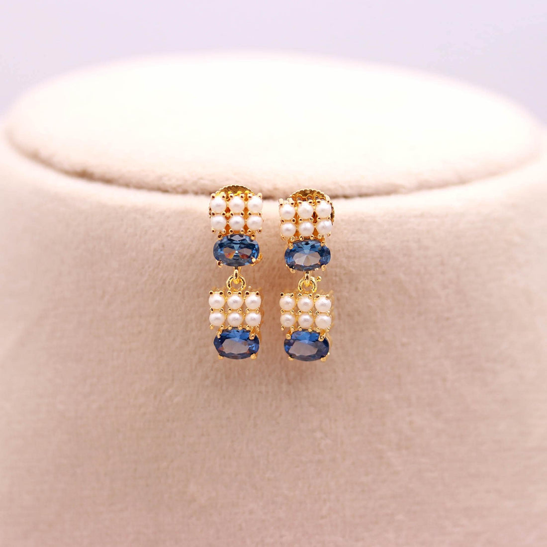 22K Gold Plated Tanzanite & Pearl Necklace Set | Elegant Blue Gemstone Jewelry | Bridal Necklace - Earrings | Gift for Her — 3