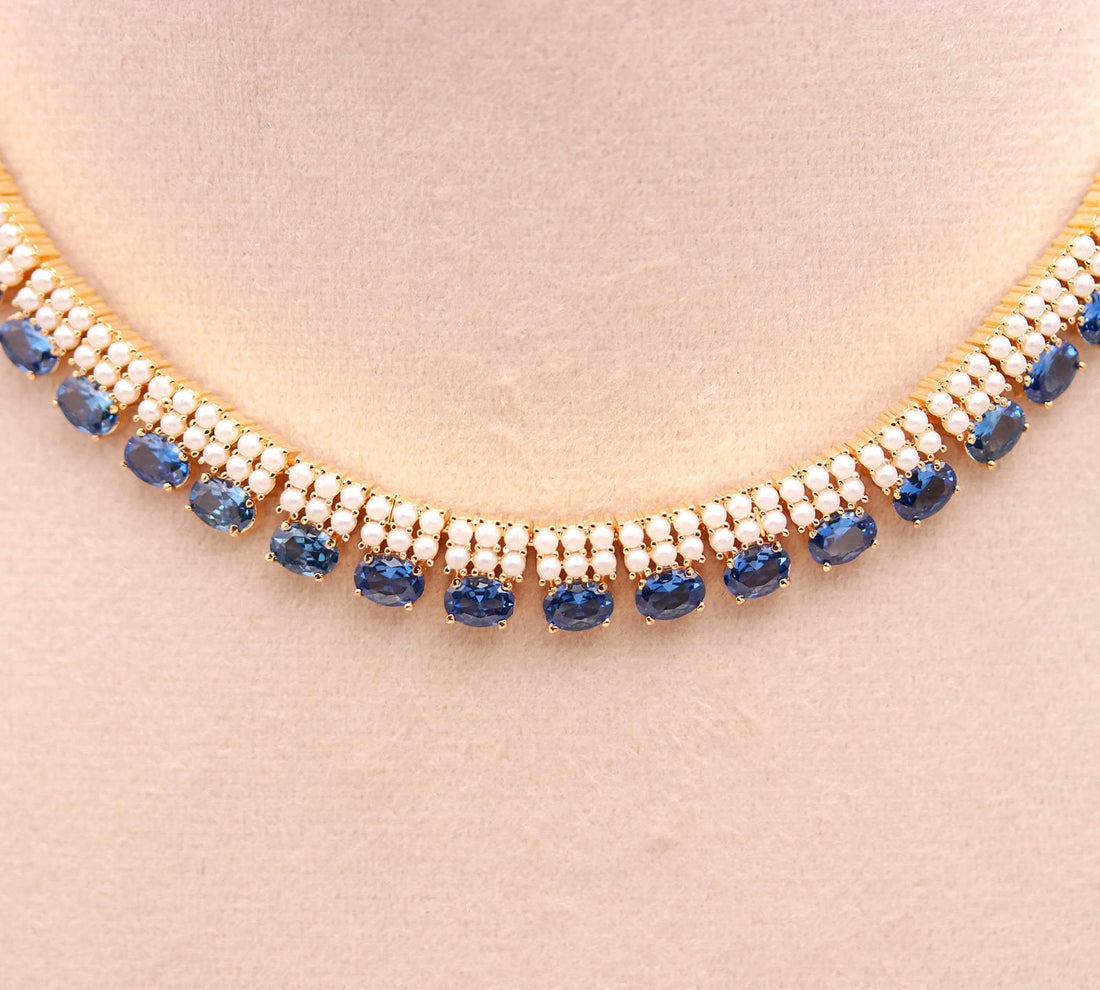 22K Gold Plated Tanzanite & Pearl Necklace Set | Elegant Blue Gemstone Jewelry | Bridal Necklace - Earrings | Gift for Her — 2