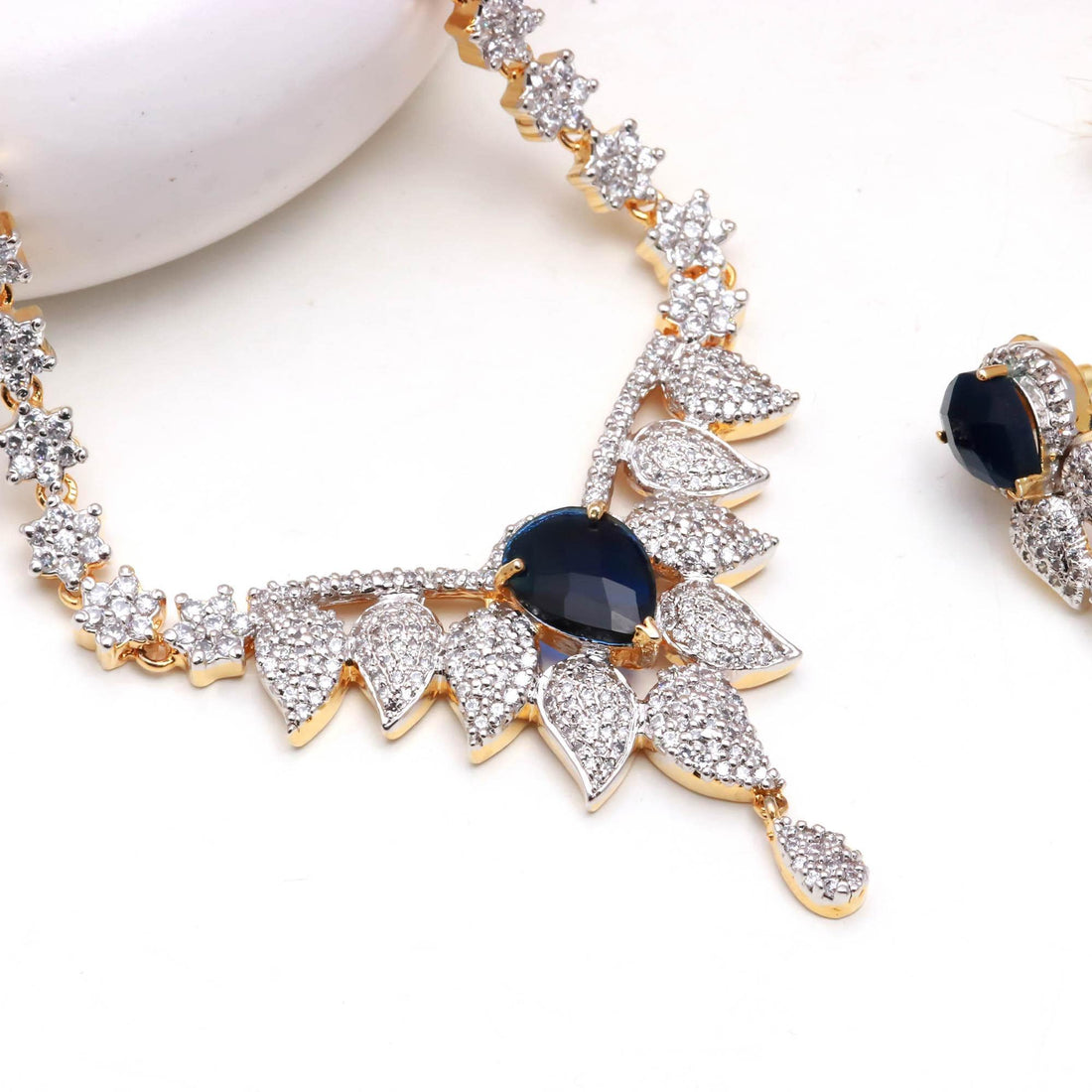 Blue Sapphire CZ Necklace Set | Pear Shape Center Stone | 22K Gold Plated Brass Bridal Jewelry Set | Gift for Her — 5