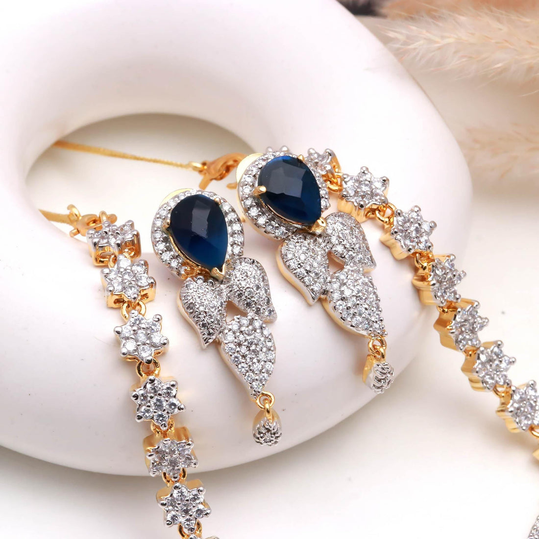Blue Sapphire CZ Necklace Set | Pear Shape Center Stone | 22K Gold Plated Brass Bridal Jewelry Set | Gift for Her — 3