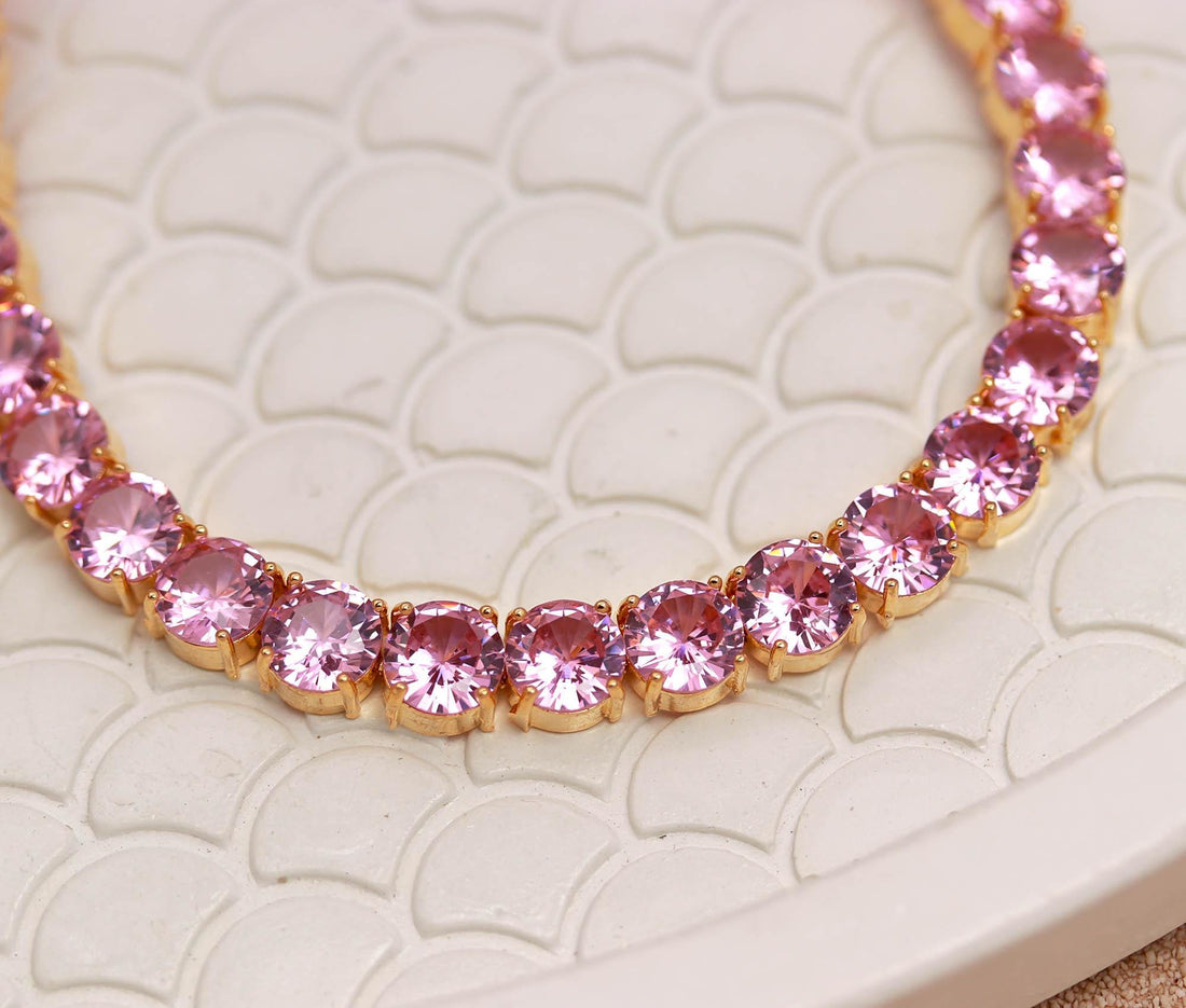 Pink Sapphire Necklace Set | Lab Grown Pink Sapphire Jewelry | 22K Gold Plated Brass Bridal Necklace Earrings Set | Gift For Her — 4