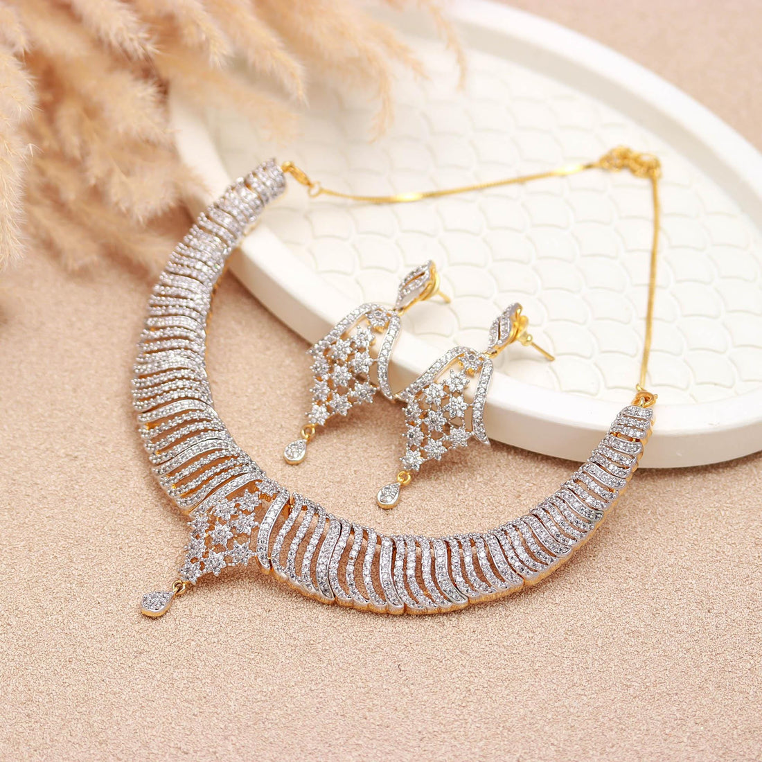 Premium Diamond Look Necklace Set | Luxury CZ Bridal Necklace Earrings | Gold Plated Wedding Jewelry Set | Gift For Her — 3