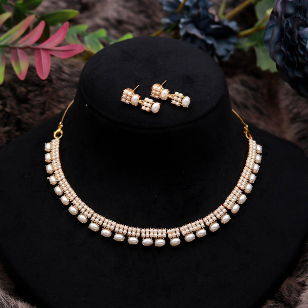 Pearl Necklace Set | 22K Gold Plated Brass Jewellery | Freshwater Pearl Choker Necklace with Stud Earrings | Bridal Jewellery |Gift for Her