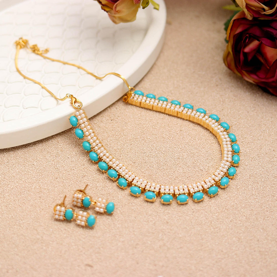 Turquoise & Pearl Necklace Set | Gold Plated Brass | Wedding Party Jewelry | Gift For Her — 3