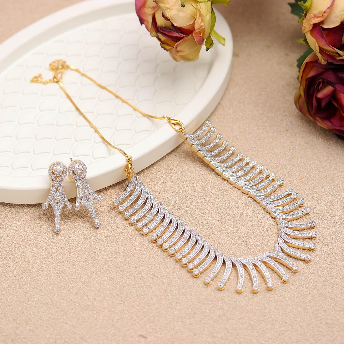 Diamond Look Necklace Set | 22K Gold Plated Brass | CZ Statement Necklace & Earrings | Bridal Wedding Jewelry Set| Gift For Her — 3