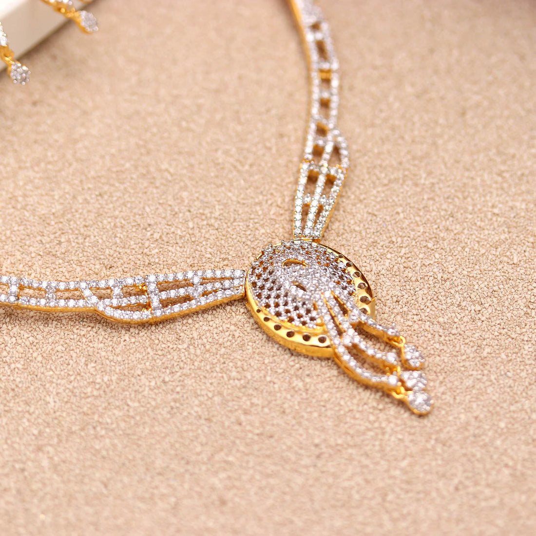 Diamond Necklace Set | 22K Gold Plated Brass CZ Necklace & Earrings | Bridal Jewelry | Traditional Wear | Festive Necklace | Gift for Women — 4