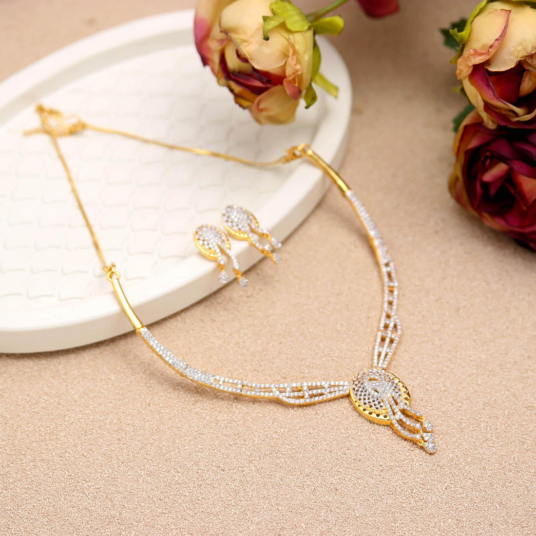 Diamond Necklace Set | 22K Gold Plated Brass CZ Necklace & Earrings | Bridal Jewelry | Traditional Wear | Festive Necklace | Gift for Women — 3