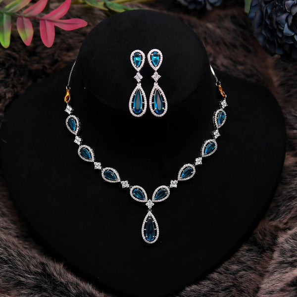 Blue Topaz Pear Shape Necklace Set | 18K White Gold Plated Brass | CZ Diamond Look Bridal Jewelry |Gift For Her