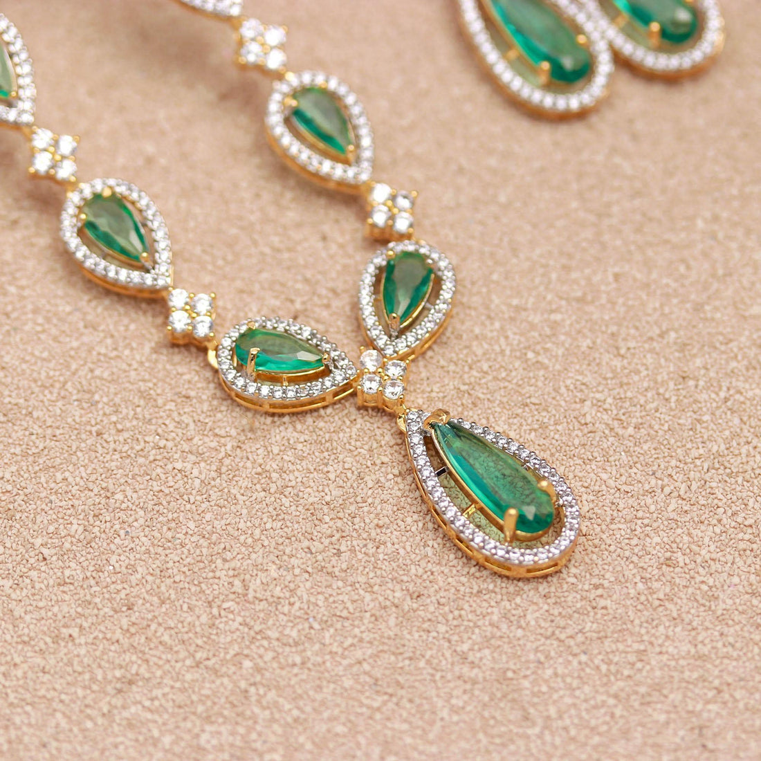 Pear Shape Lab Grown Colombian Emerald Necklace & Earrings Set | 22K Gold Plated Brass | CZ Diamond Look Bridal Jewelry | Gift For Her — 4