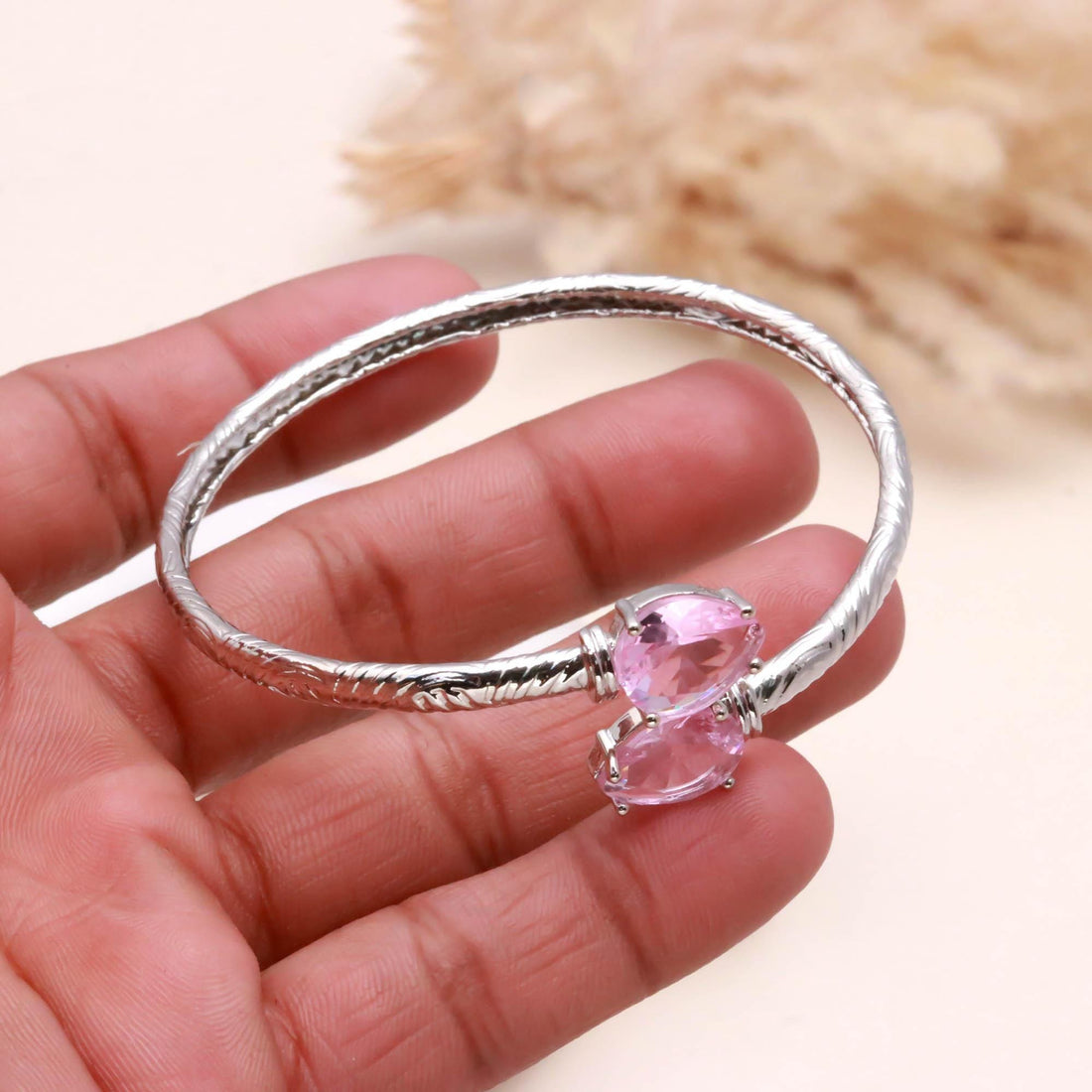 Adjustable Pink Sapphire Bracelet, Pear Cut Lab Grown Gemstone, 925 Silver Plated Brass Open Bangle Gift for Her | Bridal Kada — 3
