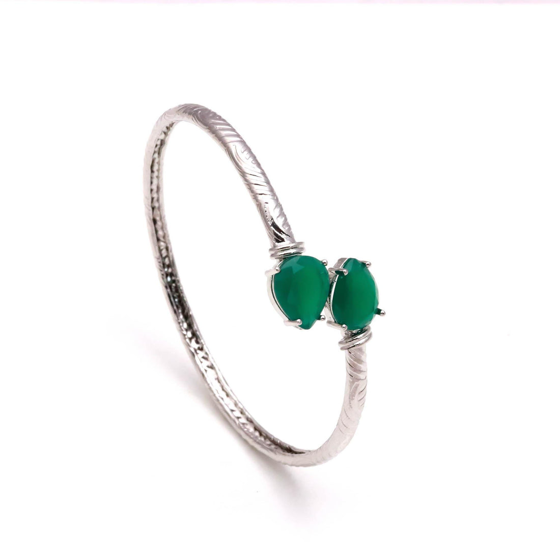 Adjustable Pear Cut Emerald Bracelet | 925 Silver Plated Brass Open Bangle | Minimalist Bridal Kada Green Emerald Jewelry | Gift for Her — 4