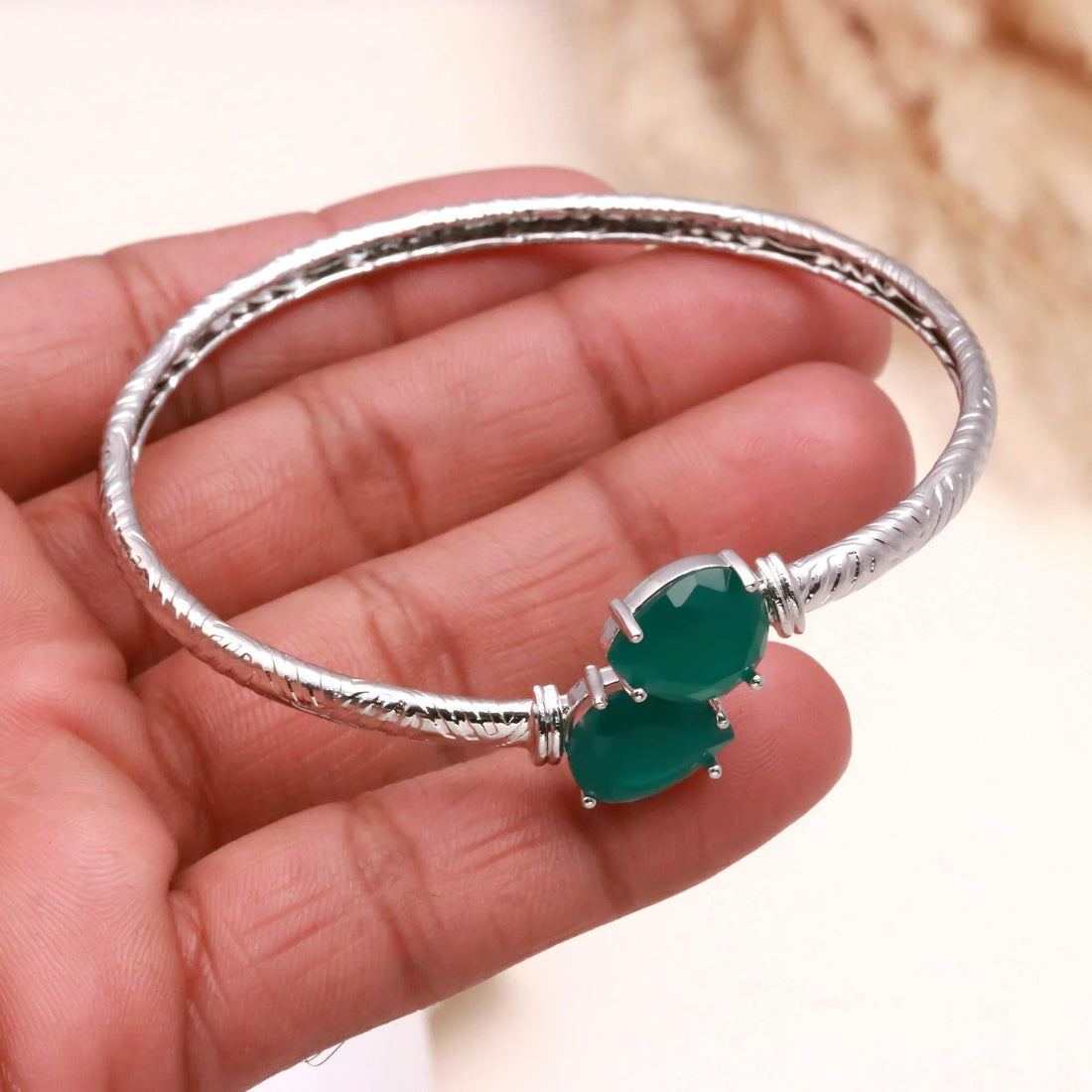 Adjustable Pear Cut Emerald Bracelet | 925 Silver Plated Brass Open Bangle | Minimalist Bridal Kada Green Emerald Jewelry | Gift for Her — 3