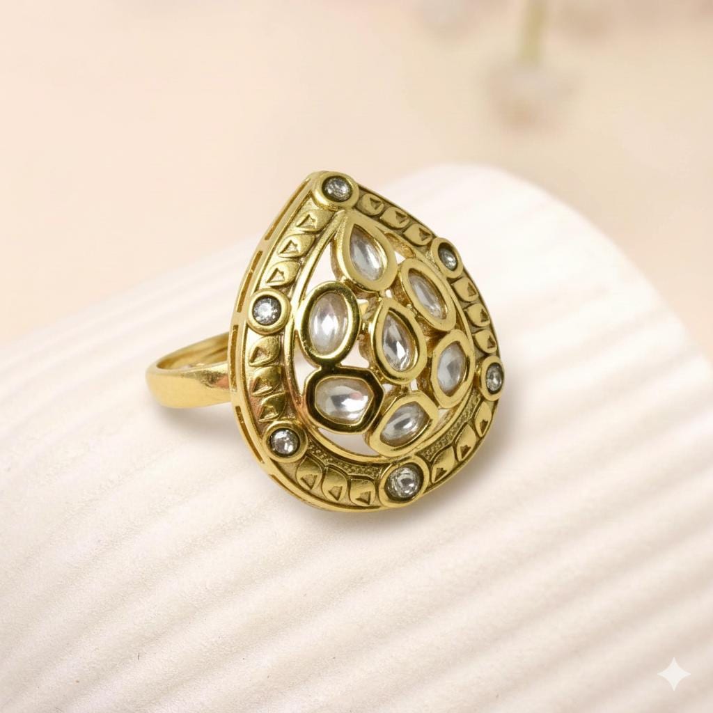 Polki CZ Diamond Ring: Yellow Gold Plated Cocktail Ring