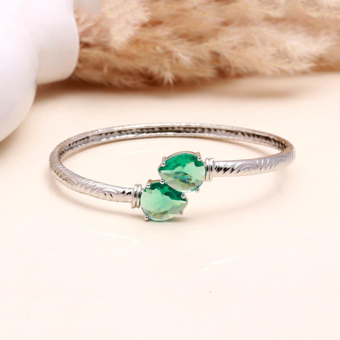 Colombian Emerald Bracelet, Pear Cut Lab Grown Emerald, 925 Silver Plated Brass Open Bangle, May Birthstone Gift | Gift For Her — 2