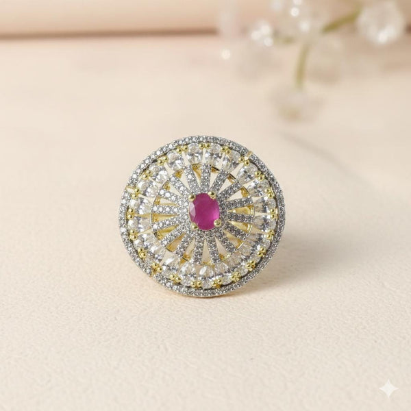 Vintage Ruby CZ Diamond Cocktail Ring | Yellow Gold Plated Victorian Bridal Statement Jewelry | Engagement Party Wear Ring  | Gift For Her