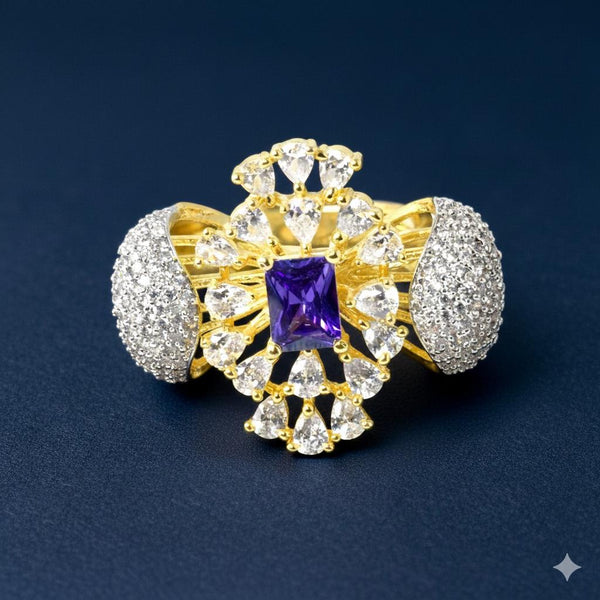 Yellow Gold Plated Amethyst CZ Diamond Ring | Indian Ethnic Bridal Statement Jewelry | Wedding Ring | Engagement Ring | Gift For Women