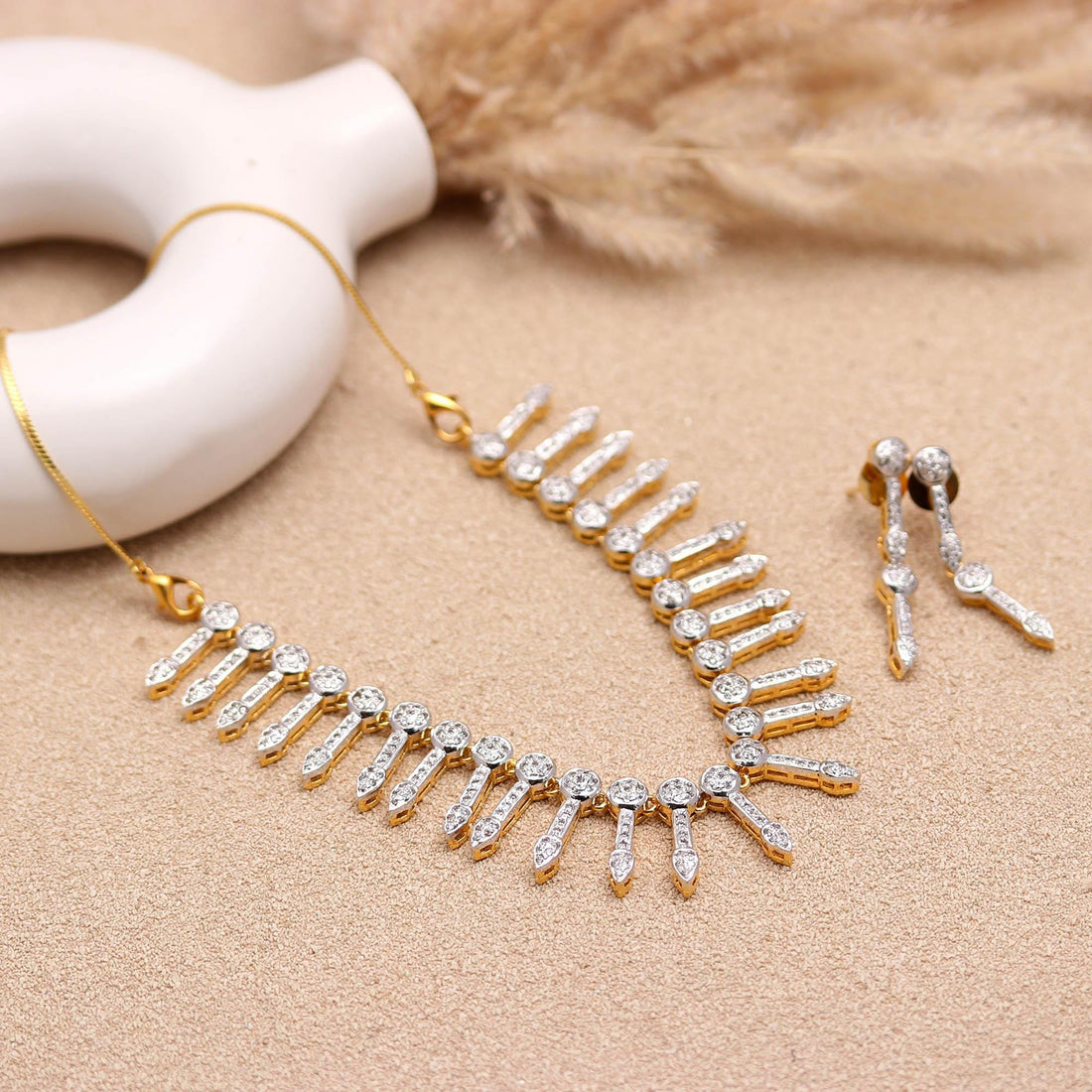 22K Gold Plated Cubic Zirconia Diamond Necklace Set |Gemstone Necklace with Earrings | Bridal Jewelry | Traditional Jewelry | Gift for Her — 3
