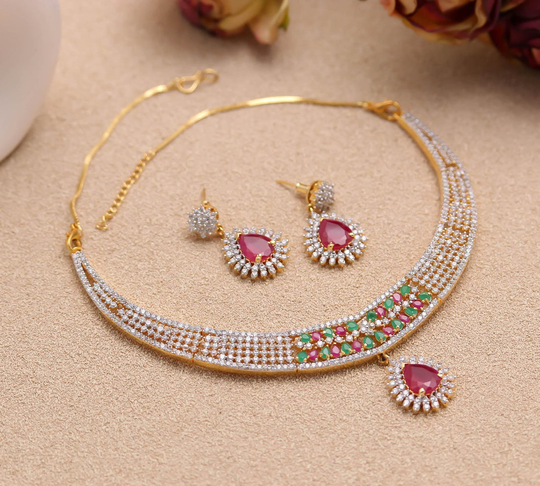 Ruby & CZ Necklace Set | 22K Gold Plated Brass Jewelry | Elegant Bridal Wedding Necklace Set | Bridal set | Jewelry Set — 2