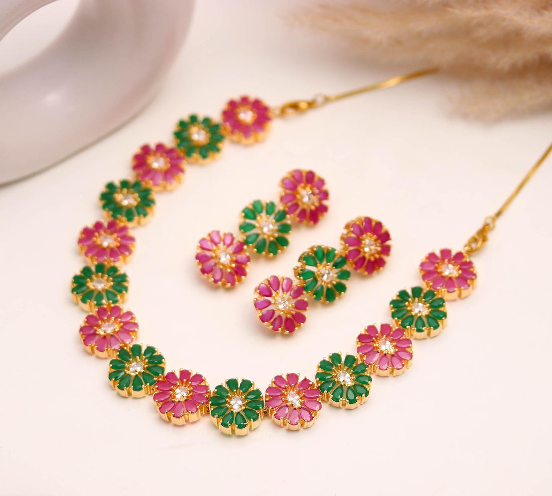 22K Gold Plated Floral Necklace Set | Pear Shaped Emerald Ruby & CZ Stones | Elegant Bridal Jewelry — 4