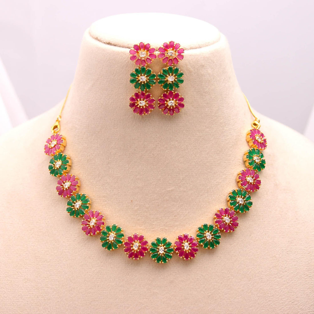 22K Gold Plated Floral Necklace Set | Pear Shaped Emerald Ruby & CZ Stones | Elegant Bridal Jewelry