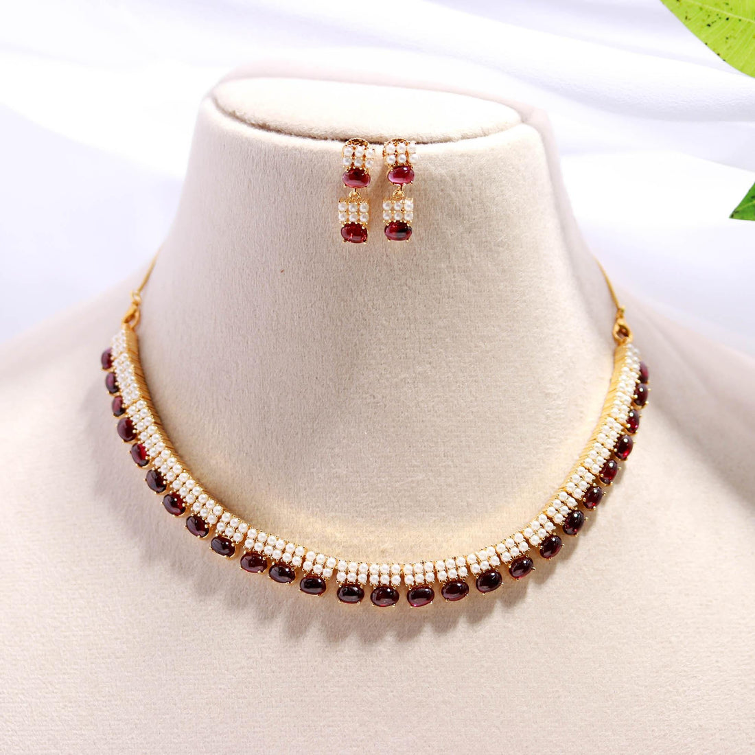 22K Gold Plated Brass Garnet & Pearl Necklace Set | Oval Gemstone Necklace | Adjustable Chain | Elegant Handmade Jewelry | Gift For Her