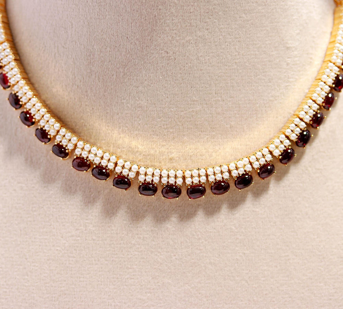 22K Gold Plated Brass Garnet & Pearl Necklace Set | Oval Gemstone Necklace | Adjustable Chain | Elegant Handmade Jewelry | Gift For Her — 2